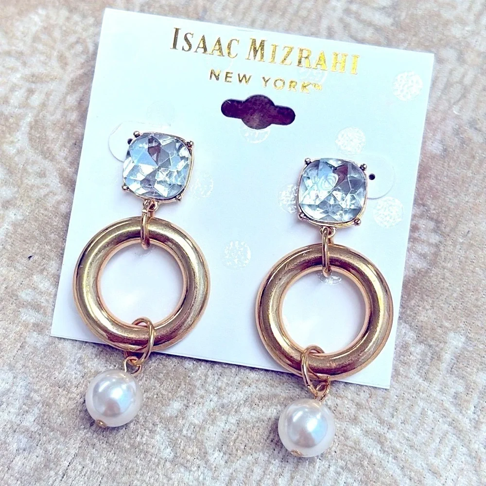 Brand New Isaac Mizrahi Large Rhinestone Gold Tone Round Faux Pearl Drop Earring